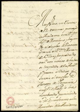 Carta de Francisco Antonio de Angulo a Francisco Antonio Zapata en la que le comunica el nombrami...