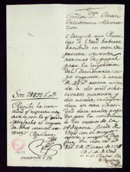 Carta de Rafael Sánchez de Aguilera a Juan Crisóstomo Alamanzón sobre la recepción de 60 resmas d...