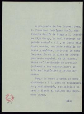Copia sin firma del oficio del secretario a José Balcázar Sabariegos de traslado de su nombramien...