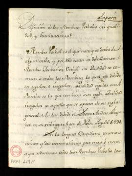 Dictamen de Francisco Antonio Zapata titulada Definición de los nombres verbales, su cualidad y t...