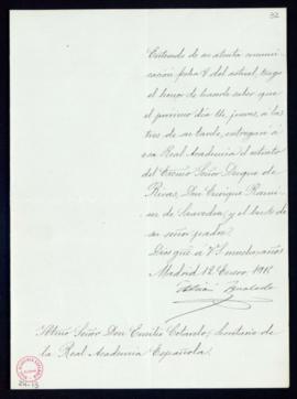 Carta de Adrián Igualada al secretario, Emilio Cotarelo, en la que le comunica la fecha y hora en...
