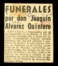 Recorte del diario Madrid con la noticia Funerales por Joaquín Álvarez Quintero