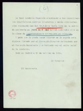 Minuta del diploma de Luis María Mora de académico correspondiente extranjero