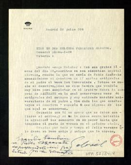 Carta de Gabriel Maura a Melchor Fernández Almagro en la que le dice que ha recibido otra de Pabl...