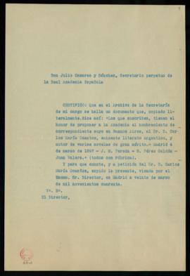 Copia de la certificación del secretario, Julio Casares, de que en el Archivo de la secretaría ha...