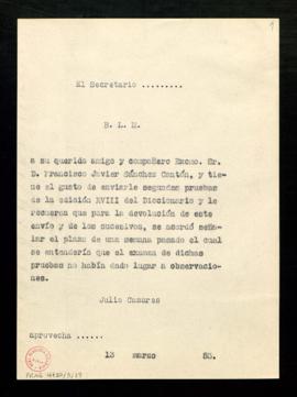 Copia sin firma del besalamano de Julio Casares, secretario, a Francisco Javier Sánchez Cantón co...