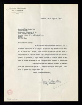 Carta de Jorge Schmidke, de la Academia Venezolana de la Lengua, a Julio Casares donde le informa...