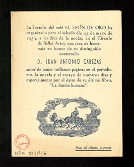 Convocatoria al homenaje de la tertulia del café El león de oro a Juan Antonio Cabezas