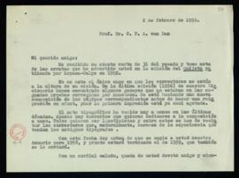 Minuta de la carta de Julio Casares a C. F. Adolf van Dam en la que le indica que toma nota de la...