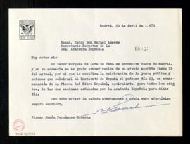 Carta de Ramón Fernández Escacha a Rafael Lapesa, secretario, para informarle de que el marqués d...