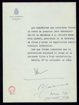 Propuesta de Isidoro Macabich Llobet como académico correspondiente en Baleares