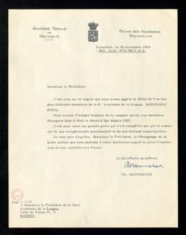 Oficio de Ch. [Charles] Manneback, secretario perpetuo de la Real Academia de Bélgica, al preside...