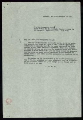 Minuta de la carta del secretario a Gregorio Martín, subdirector de la Academia Costarricense, en...