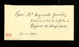 Tarjeta rotulada José M.ª Aguado González. Reside en el día de la fecha en Pajares de Adaja (Ávila)