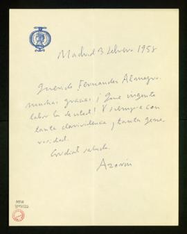 Carta de Azorín a Melchor Fernández Almagro en la que le felicita por la clarividencia y generosi...
