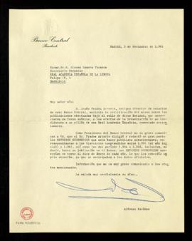 Carta de Alfonso Escámez, presidente del Banco Central, a Alonso Zamora Vicente, secretario de la...