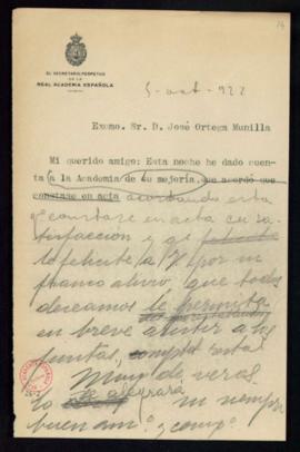 Minuta de la carta del secretario [Emilio Cotarelo] a José Ortega Munilla en la que traslada del ...