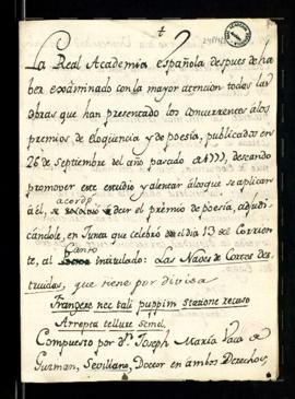 Minuta del acuerdo de concesión del Premio de Poesía convocado el 26 de septiembre de 1777, a Jos...